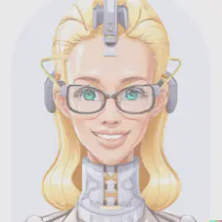 Tegnet robotversjon av en smilende kvinne med lyst hår, briller og hodetelefoner, Trudebots avatar