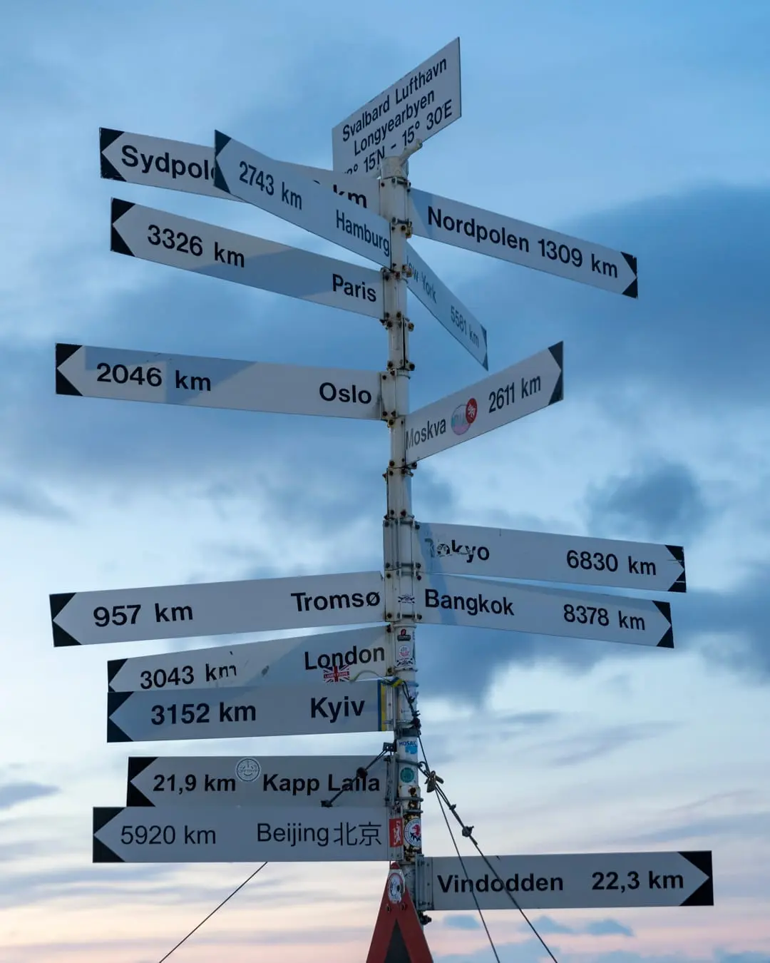 Veiskilt ved Svalbard lufthavn som viser avstander, blant annet Nordpolen 1309 km, Oslo 2046 km og Tromsø 957 km