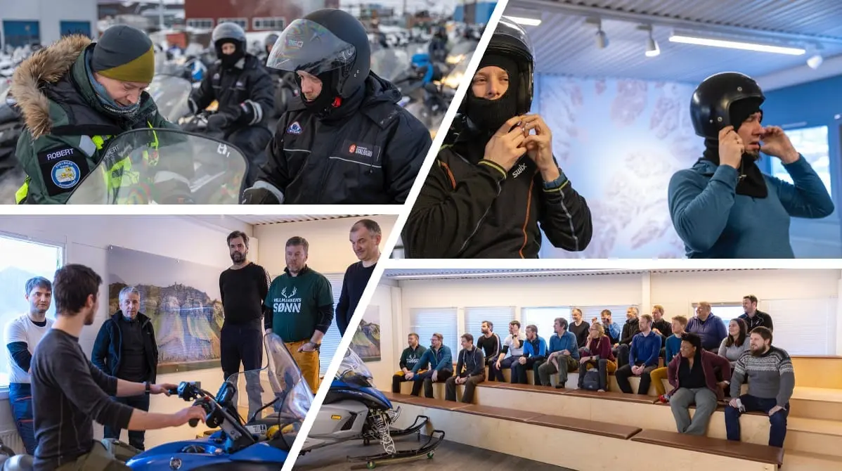 Kollasj fra scooterkurset: guider gir instruksjoner, deltakere tar på hjelmer og gruppen sitter på benker i et kurslokale