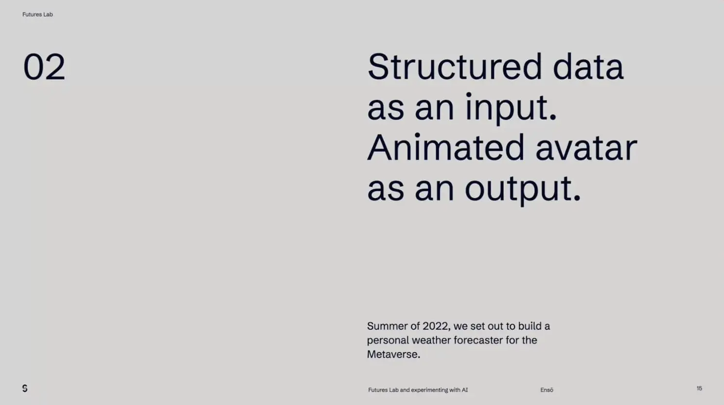 Lysbilde: Structured data as an input. Animated avatar as an output, om en værmelder for metaverset sommeren 2022