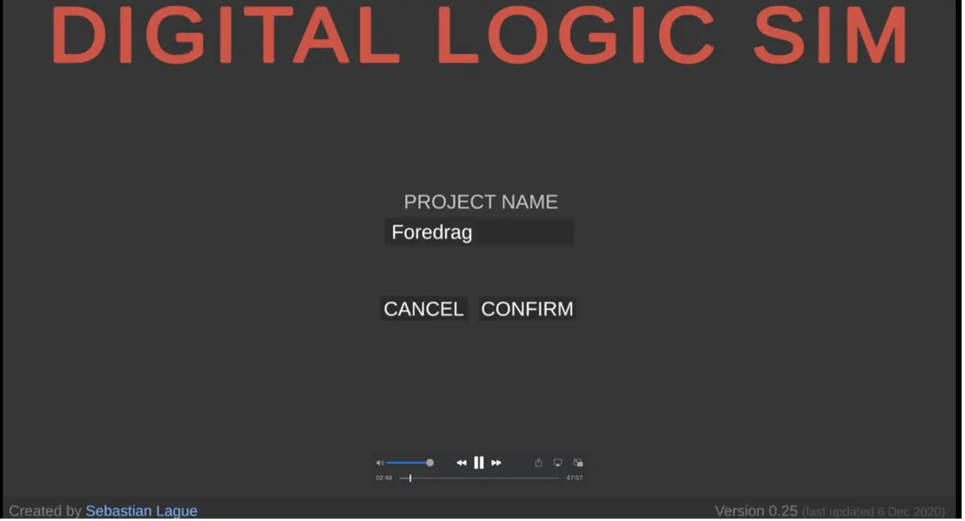 Startskjermen til simulatoren Digital Logic Sim med prosjektnavnet Foredrag